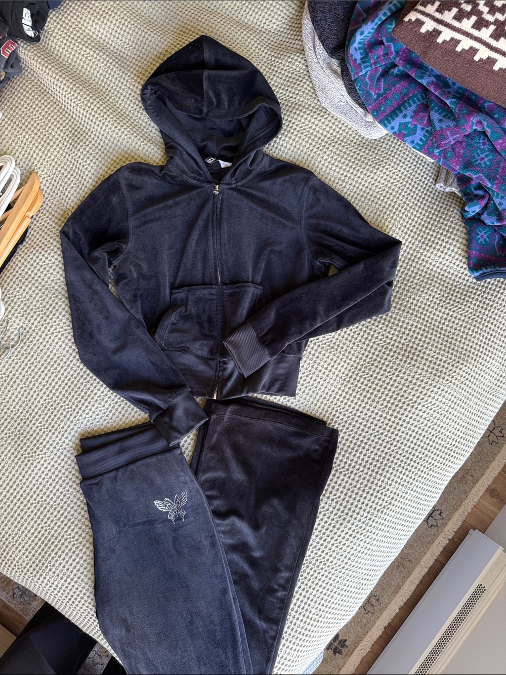 H&M Black Velour Zip Hoodie & Joggers Set with crystal embellished butterfly